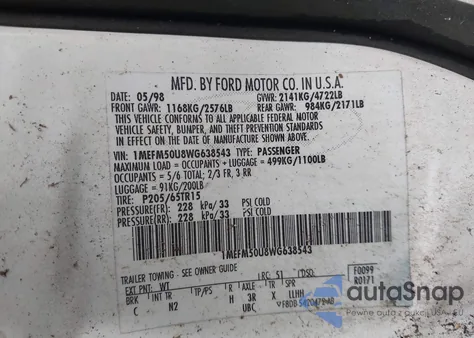 1998 Mercury Sable Gs/Ls from USA, damaged, VIN 1MEFM50U8WG638543